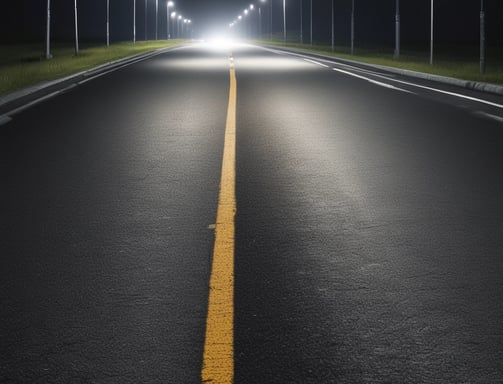 A textured black asphalt surface intersected by a bright pink line. The line is speckled with white granules, forming a distinct angular shape that stands out against the rough, dark background.