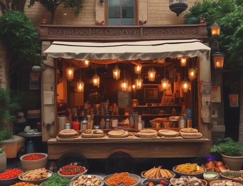 A bicycle cart selling Arabian sweets is positioned in front of an establishment adorned with a Nablus sign. The cart features a wooden display case with a glass front, and the words 'Arabian Sweets authentic & fresh' are printed on it. The setting includes a rustic outdoor area with straw roofing and a few diners seated at wooden tables, enjoying the ambiance.