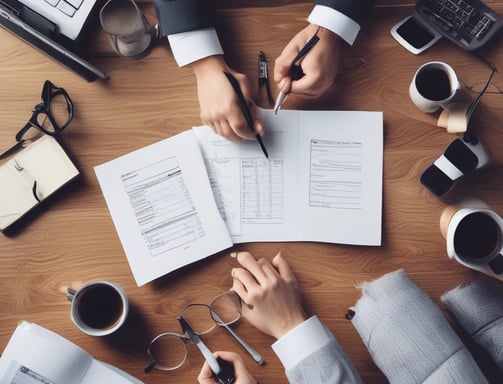 Two service windows with blue signs above each window. The left sign reads 'Facturacion Caja' and the right one reads 'Faturamento Caixa.' These windows appear to be part of a billing or payment service area. A few items, such as boxes and papers, are placed behind the windows. A small digital display shows a number.