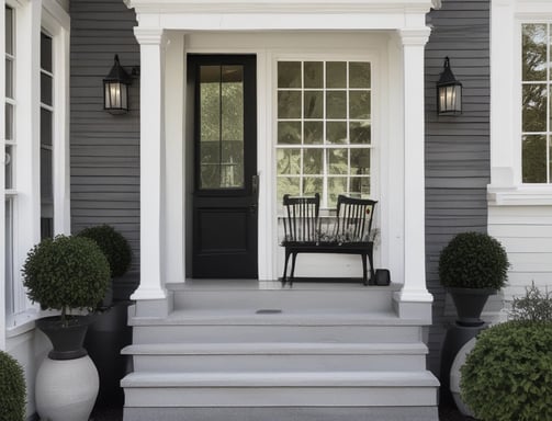 a porch with two chairs and a table on it