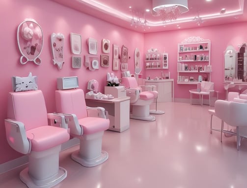 A modern nail salon interior featuring three manicure stations with black chairs and white cabinetry. The salon has bright lighting and is decorated in a minimalist style with a predominantly white color palette. Nail polish displays with a wide variety of colors line the walls, and the salon's logo is prominently displayed above the stations.