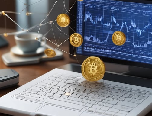 Three cryptocurrency coins are placed on a surface. The forefront coin is gold with a detailed circuit-like pattern and inscriptions. The coin in the background is silver, featuring similar intricate designs. A portion of a word starting with 'QUANT' is visible in the top background.