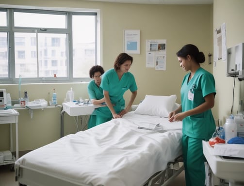 Three nurses in traditional uniforms are making beds in a hospital ward. The beds are organized in a neat row and the room has a dimly lit, monochromatic atmosphere. The nurses are focused on their tasks, arranging the white sheets with precision. In the background, dim figures of people are visible.