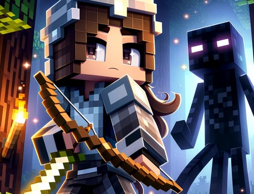 "Minecraft-style female gamer wearing enchanted diamond armor, holding a bow and engaging in battle