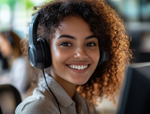 Atendimento ao cliente sorridente: suporte técnico remoto com profissional usando headset.