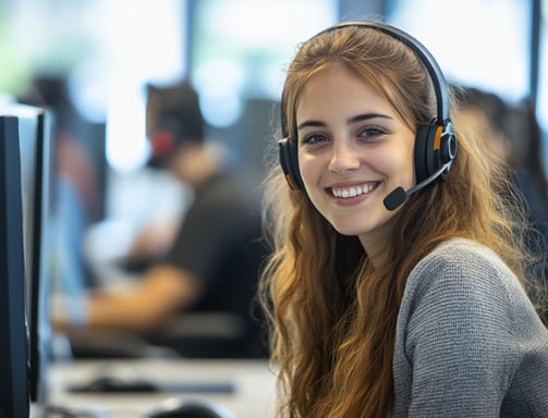 Atendimento ao cliente com suporte remoto: profissional sorridente com headset em call center.
