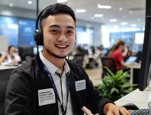 Atendente sorridente com headset em escritório, representando suporte ao cliente profissional.