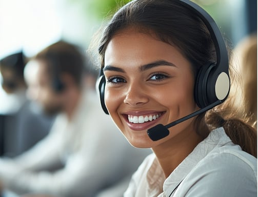 Atendente sorridente com headset, simbolizando atendimento ao cliente eficiente e amigável.