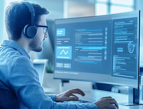 Profissional com fones analisando dados em tela, representando tecnologia e confiança.
