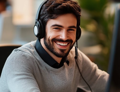 Suporte técnico com atendimento remoto: especialista sorrindo com headset e disposição.