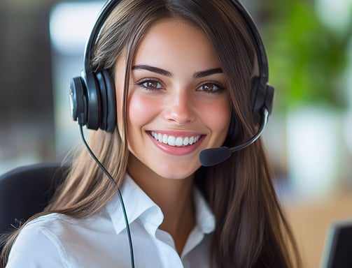 Atendente sorridente com headset, representando atendimento ao cliente profissional e simpático