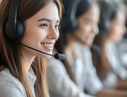 Atendentes com headset sorrindo, representando suporte ao cliente profissional e amigável.