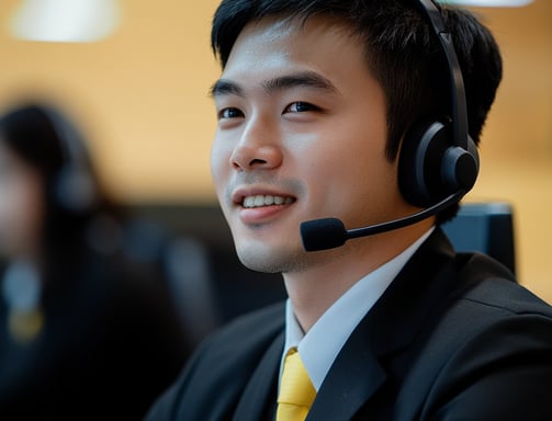Atendente sorridente com headset e terno, representando suporte ao cliente profissional e formal.