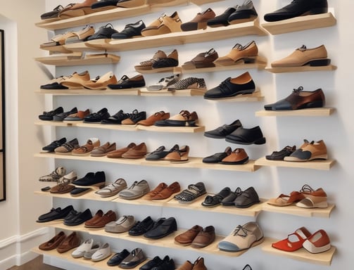 Several shelves display a variety of colorful eyeglasses against a brick wall, with each shelf showcasing different colors such as red, orange, yellow, blue, and purple. Small portrait photos are placed intermittently among the glasses.