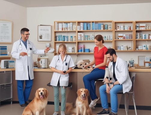 A storefront labeled 'Shibuya Dog & Cat Hospital' with a closed metal shutter. The sign includes silhouettes of a dog and cat, and the contact information in English and Japanese. Potted plants and flowers are placed on the sidewalk nearby. The building exterior is constructed of stone-like material with adjoining modern fences.