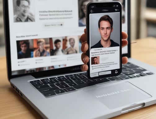 A smartphone displays a profile on a social media application. The profile includes the name Emiliano Vittoriosi, the follower count, and a profile summary stating interests in photography and social justice. The phone is placed on a MacBook laptop, with part of the keyboard visible.