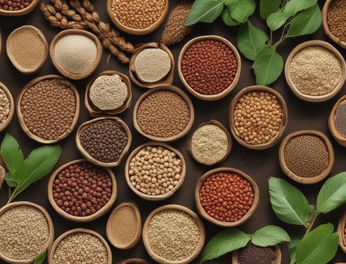 Dried plant seeds are in focus, with a blurred background of tall trees under a partly cloudy sky.