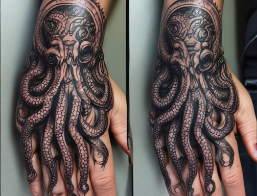 a hand painted octopus octopus tattoo on a hand