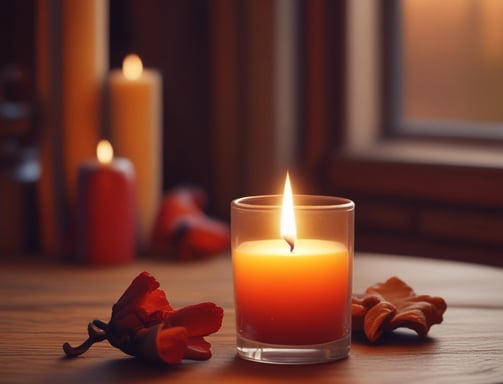 Three lit candles are placed on the edge of a bathtub, casting a warm, soft glow. The surface of the water in the bathtub is covered with scattered rose petals, creating a relaxing atmosphere.