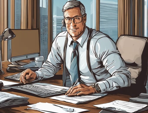 a man in a suit and tie is sitting at a desk