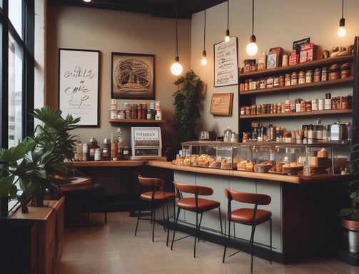 A small convenience store or food shop features a variety of snacks, drinks, and quick meals displayed on shelves, with a counter for service. The store has a wooden and brick design, with warm lighting hanging from the ceiling. Products like bottled water, chips, and packaged goods are visible.