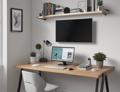 a desk with a computer and a monitor screen