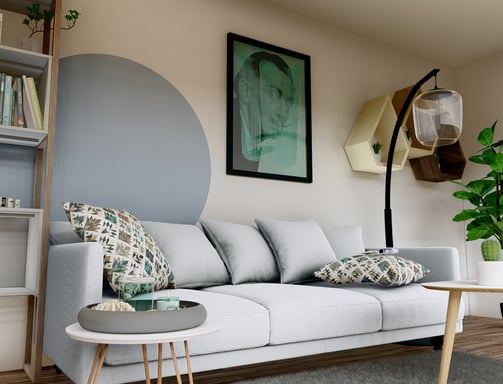 Rendu intérieur d’un espace de vie chaleureux avec baies vitrées, mobilier moderne et éclairage naturel.