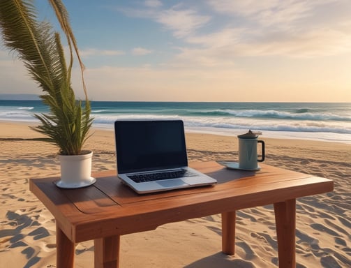 A laptop displaying a website design with the phrase 'Build your dream website.' next to a minimalistic building image. The scene also includes a modern mug and a smartphone placed on a wooden desk.