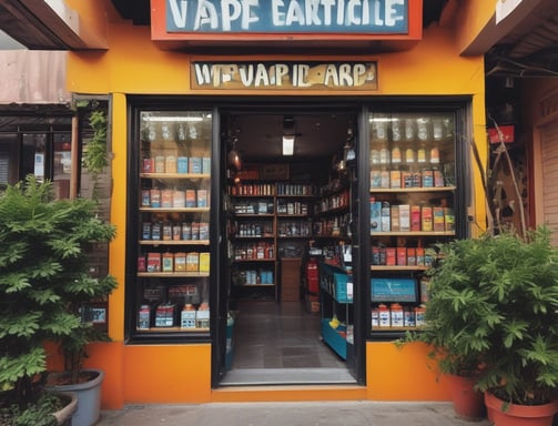 A person is holding a vaping device in their right hand and a bottle of e-liquid in their left hand. The background features an indoor setting with visible wooden ceiling beams, some lit hanging lights, wall decorations including pictures or posters, and other people present.