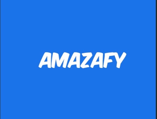 a blue and white logo with the word amazafy