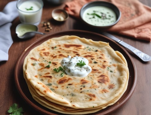 A plated dish of Dahi Puri, a popular Indian snack, featuring crispy puris filled with vibrant ingredients and topped with yogurt, spices, and chutneys. The mixture includes sev, coriander, and tamarind sauce, served in a metal dish with two spoons.