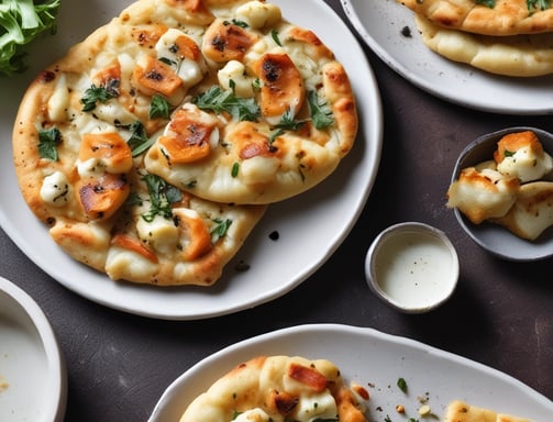 A collection of circular, flatbreads arranged in a flower-like pattern on a black background. In the center, there are small bowls containing various condiments such as red and green chutneys, yogurt, and sliced vegetables including onions and cucumbers. There are also whole green chilies and a red onion placed on top of the flatbreads.