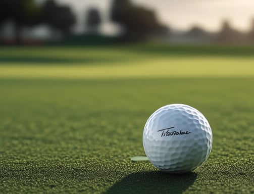 A golf ball labeled 'OnCore 1' is positioned on a lush green grass surface, with a brown and black putter poised nearby. In the background, blurred brightly colored athletic shoes suggest a person is preparing to play.