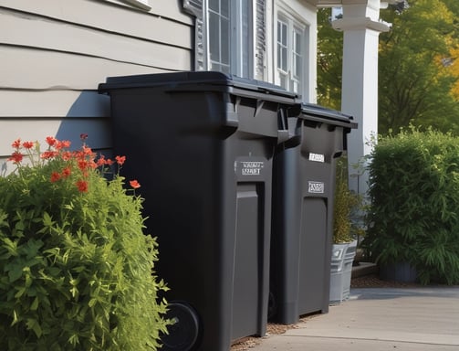 A bright green wheeled garbage bin with a black lid is positioned in front of a brick wall. The bin has the text 'business waste.co.uk 01904 207120' printed on its side in white.