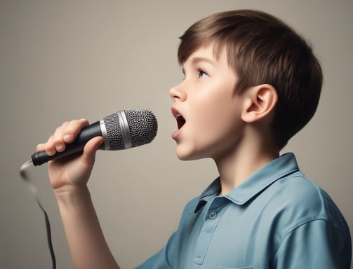 A person is singing into a microphone, illuminated by a bright light source behind them. The setting appears to be intimate, conveying a sense of performance or rehearsal. The image is in black and white, focusing on the subject who seems to be enjoying the moment.