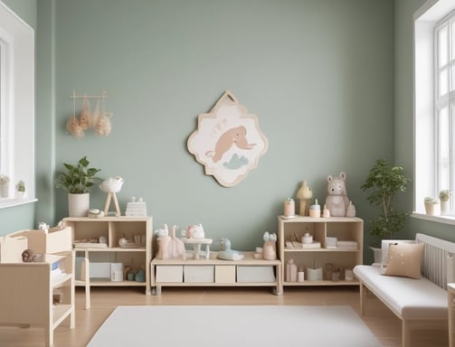A beautifully designed nursery with a modern minimalist style. The room features a white crib with a gray blanket, a comfortable beige armchair with a colorful pillow, and a matching pouf. Light pink curtains cover the window behind the armchair. A geometric rug with soft pastel tones lies on the floor. The walls are decorated with herringbone wallpaper, artistic frames, and the words 'Dream Big' in wire art. A chic chandelier hangs from the ceiling, and there is a touch of greenery from a plant in the corner. Storage units hold books and toys.