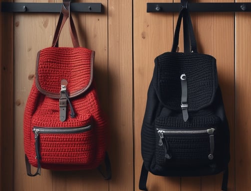 Several handcrafted leather bags and backpacks in various shades of brown and black are hanging on a wooden door. The bags feature intricate patterns and designs. Surrounding the bags are large decorative plates with carved geometric designs.