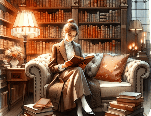 a woman sitting on a couch reading a book