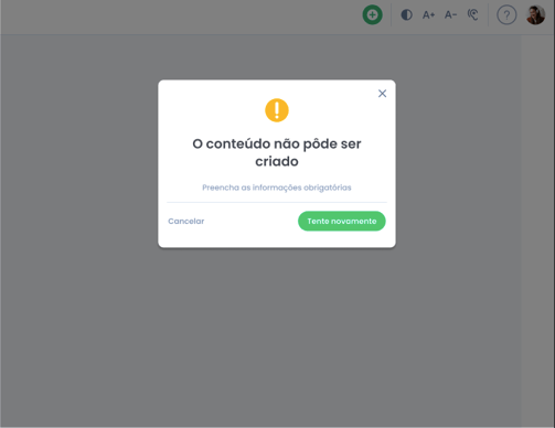 Alerta gerado após usuário clicar em publicar conteúdo sem preencher as informações obrigatórias