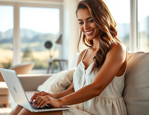 a happy attractive business woman sitting on a couch with a laptop taking a business assessment
