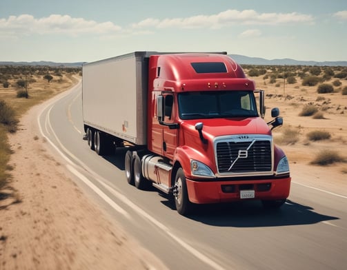 A large truck with a shipping container body parked in a shady area, surrounded by tall trees. The truck's cabin is metallic with a grille on the window, and the container has branding and signage on the side.