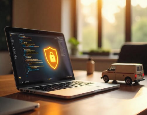 Portátil con icono de seguridad encendido y mini furgoneta sobre una mesa de oficina, al atardecer.