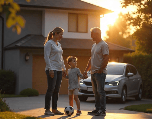Familia con un niño pequeño, disfrutando al atardecer frente a su casa con el coche aparcado.