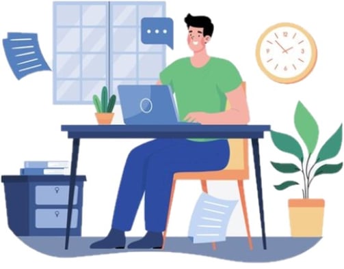 Image showing a man at his desk studying happily in a home environment.
