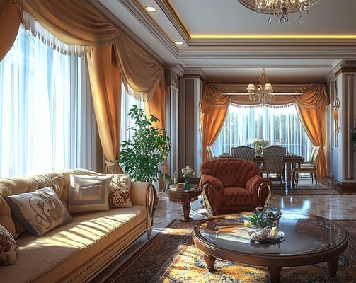 Luxurious traditional living and dining room with tufted seating, ornate curtains, and gold accents