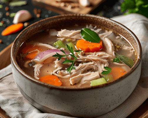 a bowl of soup with chicken and vegetables