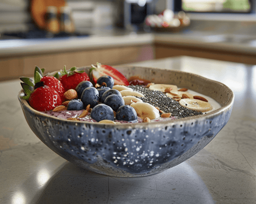 a bowl of fruit and nuts on a counter top