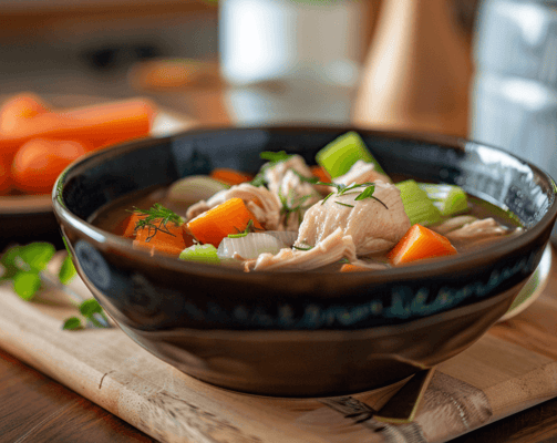 a bowl of soup with carrots and vegetables