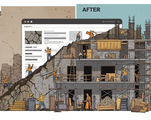 a website page with a picture of a building being rebuilt to make it better