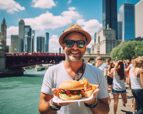 a man in a hat and sunglasses holding a plate with a hamburger in Chicago